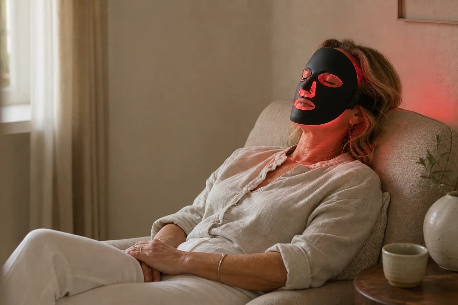A woman in her forties resting in a warm living room, wearing the Firelight LED mask with its red light visible on her skin