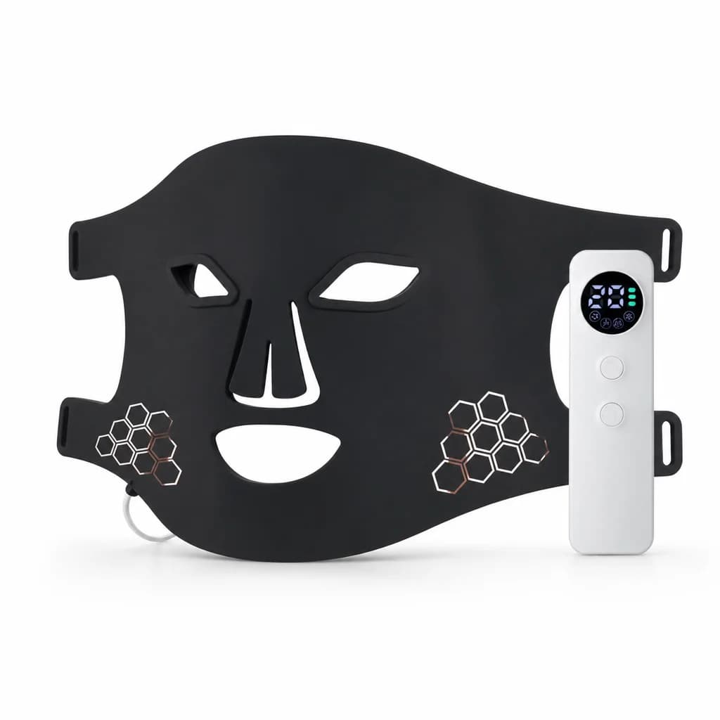 The Firelight LED Mask in flexible black silicone, shown with its controller